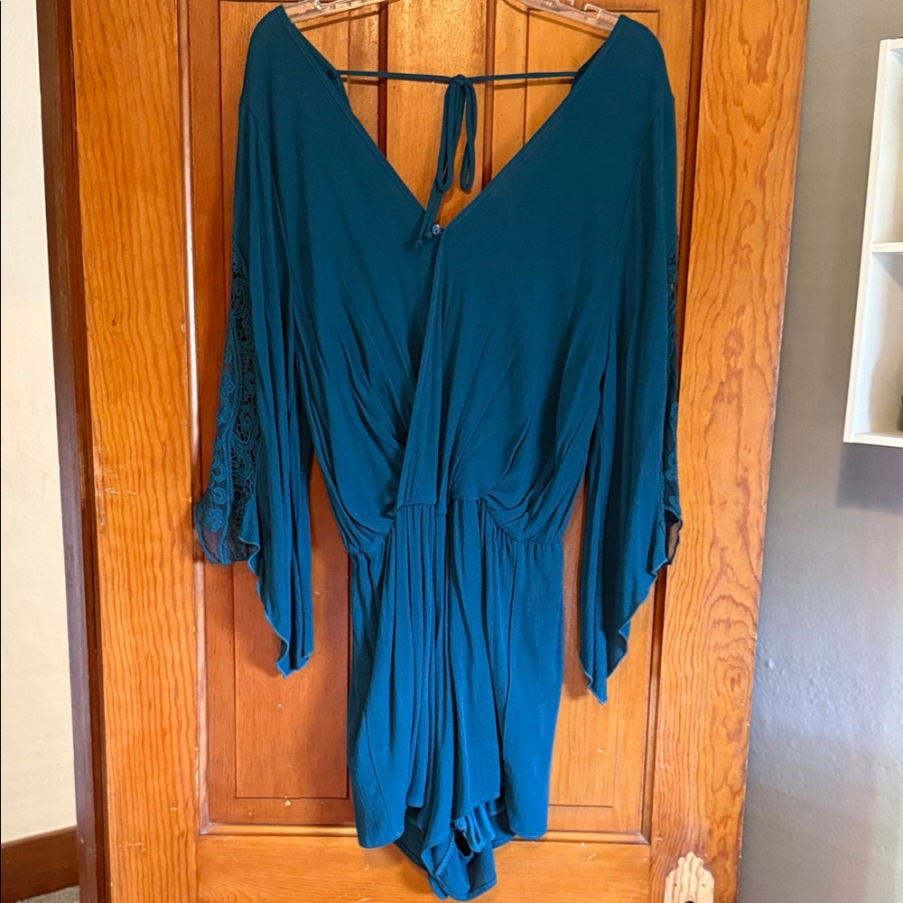 Orange Creek Teal Jumpsuit with Lace Sleeves